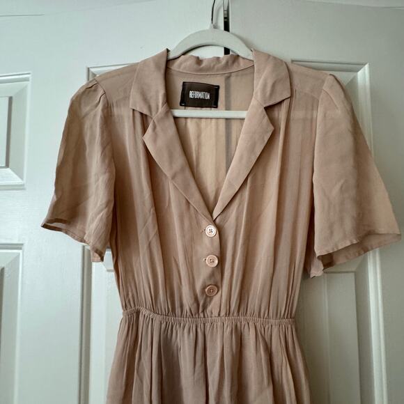 Reformation Pink Blush Fit Flare Button Down Collar Midi Dress 1940s Sheer Flowy - Picture 2 of 6